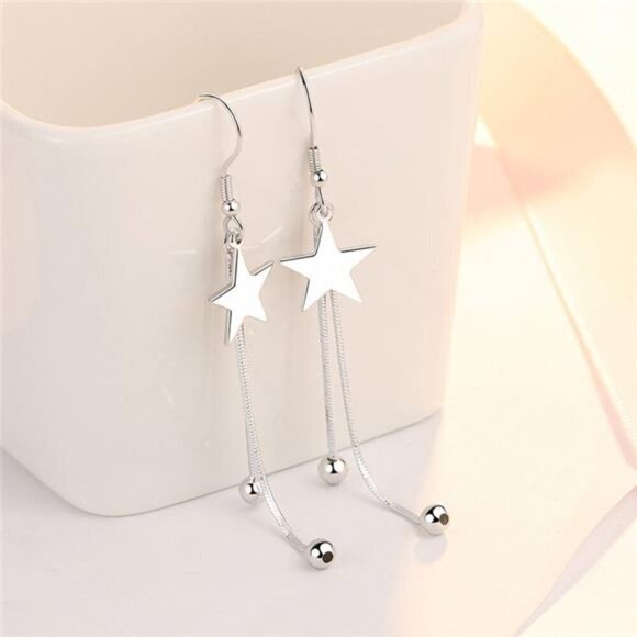Silver Star Tassel Earrings 925 Sterling Luxury Bead for Women Fashion - Picture 2 of 6